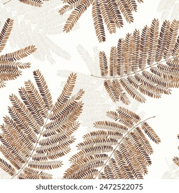 Seamless exotic pattern with Albizia amara leaves patterns. Silk tree summer brown leaf patterns with shadows 3D background design. simple leaf allover desin background for used textiles..,