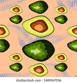Seamless exotic pattern with avocado slices and leaves of monstera on light green background.