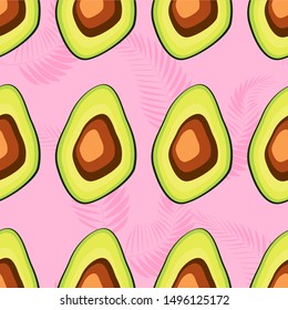 Seamless exotic pattern with avocado slices and leaves of monstera on light green background.