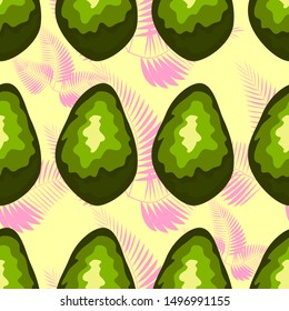 Seamless exotic pattern with avocado slices and leaves of monstera on light green background.