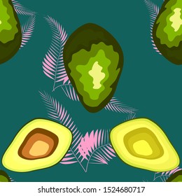Seamless exotic pattern with avocado slices and leaves of monstera on light green background.