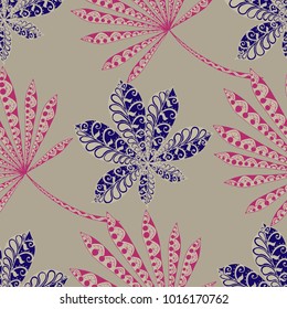 Seamless Exotic Pattern With Big Palm Leaves On Black Background. Hand Drawn Rainforest Texture In Zentangle Style. Ornate Seamless Background for Print, Interior, Wallpaper, Swimwear.