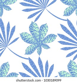 Seamless Exotic Pattern With Big Palm Leaves On Black Background. Hand Drawn Tropic Texture In Zentangle Style. Ornate Seamless Background for Print, Interior, Wallpaper, Swimwear.
