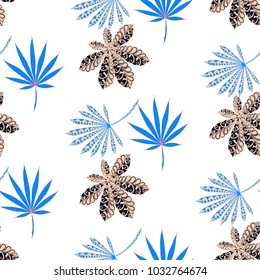 Seamless Exotic Pattern With Big Palm Leaves On White Background. Hand Drawn Jungle Texture In Zentangle Style. Ornate Seamless Background for Print, Interior, Wallpaper, Swimwear. Vector.