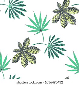 Seamless Exotic Pattern With Big Palm Leaves On White Background. Hand Drawn Jungle Texture In Zentangle Style. Ornate Seamless Background for Print, Interior, Wallpaper, Swimwear. Vector.