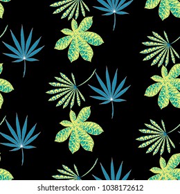 Seamless Exotic Pattern With Big Palm Leaves On Black Background. Hand Drawn Rainforest Texture In Zentangle Style. Ornate Seamless Background for Print, Interior, Wallpaper, Swimwear. Vector.