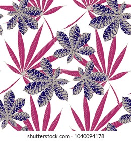 Seamless Exotic Pattern With Big Palm Leaves On White Background. Hand Drawn Tropic Texture In Zentangle Style. Ornate Seamless Background for Print, Interior, Wallpaper, Swimwear.