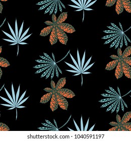 Seamless Exotic Pattern With Big Palm Leaves On Black Background. Hand Drawn Jungle Texture In Zentangle Style. Ornate Seamless Background for Print, Interior, Wallpaper, Swimwear.
