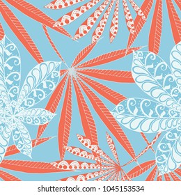 Seamless Exotic Pattern With Big Palm Leaves in Black and White. Hand Drawn Tropic Texture In Zentangle Style. Ornate Seamless Background for Print, Interior, Wallpaper, Swimwear. Vector.