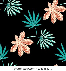 Seamless Exotic Pattern With Big Palm Leaves On Black Background. Hand Drawn Rainforest Texture In Zentangle Style. Ornate Seamless Background for Print, Interior, Wallpaper, Swimwear.