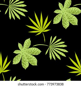 Seamless Exotic Pattern With Big Palm Leaves On Black Background. Hand Drawn Jungle Texture In Zentangle Style. Ornate Seamless Background for Print, Interior, Wallpaper, Swimwear.