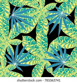 Seamless Exotic Pattern With Big Palm Leaves On Black Background. Hand Drawn Rainforest Texture In Zentangle Style. Ornate Seamless Background for Print, Interior, Wallpaper, Swimwear.