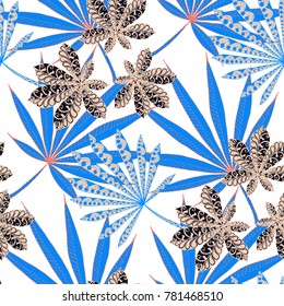 Seamless Exotic Pattern With Big Palm Leaves On Black Background. Hand Drawn Rainforest Texture In Zentangle Style. Ornate Seamless Background for Print, Interior, Wallpaper, Swimwear. Vector.
