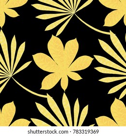 Seamless Exotic Pattern With Big Palm Leaves On Black Background. Hand Drawn Rainforest Texture In Zentangle Style. Ornate Seamless Background for Print, Interior, Wallpaper, Swimwear. Vector.