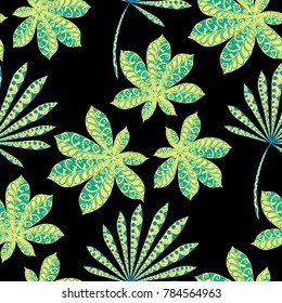 Seamless Exotic Pattern With Big Palm Leaves On Black Background. Hand Drawn Tropic Texture In Zentangle Style. Ornate Seamless Background for Print, Interior, Wallpaper, Swimwear. Vector.