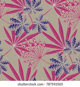 Seamless Exotic Pattern With Big Palm Leaves for Summer Design. Hand Drawn Jungle Texture In Zentangle Style. Ornate Seamless Background for Print, Interior, Wallpaper, Swimwear. Vector.