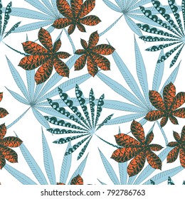 Seamless Exotic Pattern With Big Palm Leaves On Black Background. Hand Drawn Rainforest Texture In Zentangle Style. Ornate Seamless Background for Print, Interior, Wallpaper, Swimwear. Vector.
