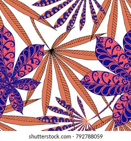 Seamless Exotic Pattern With Big Palm Leaves On Black Background. Hand Drawn Jungle Texture In Zentangle Style. Ornate Seamless Background for Print, Interior, Wallpaper, Swimwear. Vector.