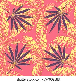Seamless Exotic Pattern With Big Palm Leaves On White Background. Hand Drawn Tropic Texture In Zentangle Style. Ornate Seamless Background for Print, Interior, Wallpaper, Swimwear.