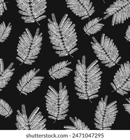 Seamless exotic pattern with Bitter Albizia leaves. Modern trendy endless background. simple black and white leaf pattern with black background used for textiles..,