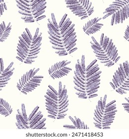 Seamless exotic pattern with Bitter Albizia leaves. Modern trendy endless background. simple summer violet leaf pattern with white background used for textiles..,