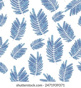 Seamless exotic pattern with Bitter Albizia leaves. Modern trendy endless background. simple indigo blue leaf pattern with white background used for textiles..,