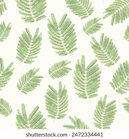 Seamless exotic pattern with Bitter Albizia leaves. Modern trendy endless background. simple tropical green leaf pattern with white background used for textiles..,