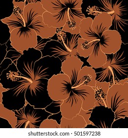 Seamless exotic pattern with black and brown tropical flowers. Blooming jungle, hibiscus seamless pattern. Motley vector illustration.