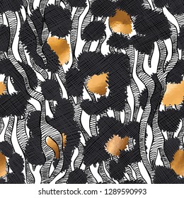Seamless exotic pattern. Black and Gold Leopard and Zebra skin. Textile composition, hand drawn style print. Vector illustration.