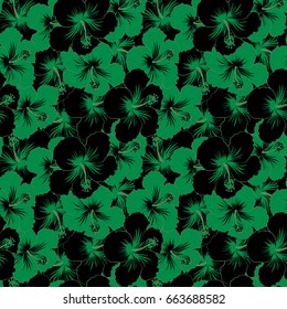 Seamless exotic pattern with black and green tropical flowers. Blooming jungle, hibiscus seamless pattern. Motley vector illustration.