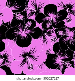Seamless exotic pattern with black and pink tropical flowers. Blooming jungle, hibiscus seamless pattern. Motley vector illustration.