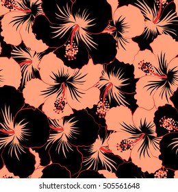 Seamless exotic pattern with black and pink tropical flowers. Blooming jungle, hibiscus seamless pattern. Motley vector illustration.