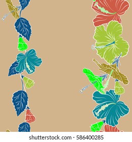 Seamless exotic pattern with blue, green and orange tropical flowers. Blooming jungle, hibiscus seamless pattern. Motley vector illustration with copy space (place for your text).