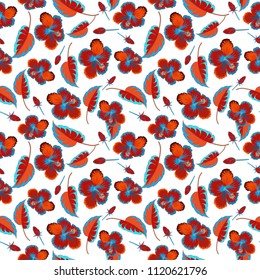 Seamless exotic pattern with blue, white and red tropical flowers. Blooming jungle, hibiscus seamless pattern. Motley vector illustration.