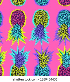 Seamless exotic pattern. Bright colored Tropical pineapple in a Zine Culture style. Textile composition, hand drawn style print. Vector illustration.