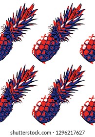 Seamless exotic pattern. Bright colored Tropical pineapple in a Zine Culture style. Textile composition, hand drawn style print. Vector illustration.