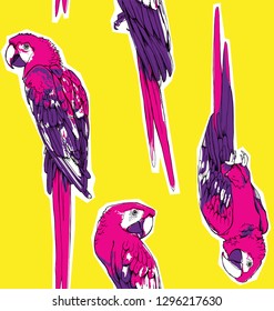 Seamless Exotic pattern. Bright colored Tropical American Scarlet macaw parrots in a Zine Culture style. Textile composition, hand drawn style print. Vector illustration.