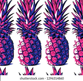 Seamless exotic pattern. Bright colored Tropical pineapple in a Zine Culture style. Textile composition, hand drawn style print. Vector illustration.