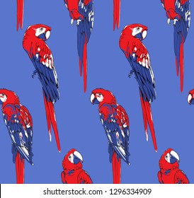 Seamless Exotic pattern. Bright colored Tropical American Scarlet macaw parrots in a Zine Culture style. Textile composition, hand drawn style print. Vector illustration.