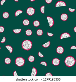 Seamless exotic pattern of bright and juicy pitahaya on colored background