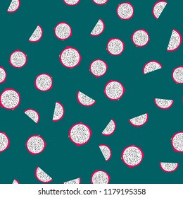 Seamless exotic pattern of bright and juicy pitahaya on colored background