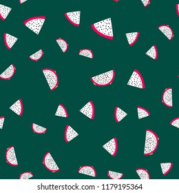 Seamless exotic pattern of bright and juicy pitahaya on colored background