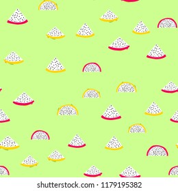 Seamless exotic pattern of bright and juicy pitahaya on colored background
