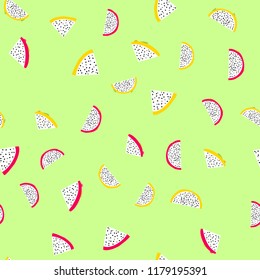 Seamless exotic pattern of bright and juicy pitahaya on colored background