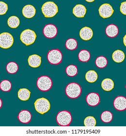Seamless exotic pattern of bright and juicy pitahaya on colored background