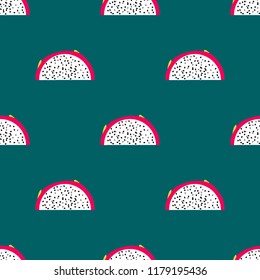 Seamless exotic pattern of bright and juicy pitahaya on colored background