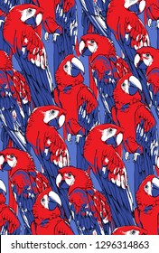 Seamless Exotic pattern. Bright red and blue tropical American Scarlet macaw parrots. Textile composition, hand drawn style print. Vector illustration.