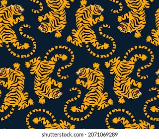 Seamless exotic pattern with cartoon roar tiger silhouette on black background. Vector illustration. Circus animal fabric ornament print.