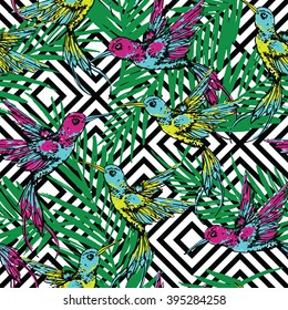 Seamless exotic pattern with colibri and palm leaves on geometric background . Vector hand draw illustration.