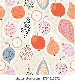 Seamless exotic pattern with creative fruits, papaya,apple, lemon, oranges,raspberry, pears. Abstract summer fruit background. Great for fabric, textile, apparel. Vector illustration